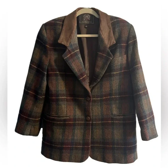 Women's vintage express wool blend plaid blazer brown faux suede collar size M - Picture 1 of 4